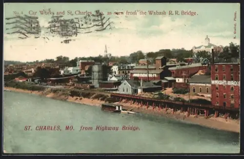 AK St. Charles, MO, Car Works and St. Charles as seen from the Wabash R.R. Bridge