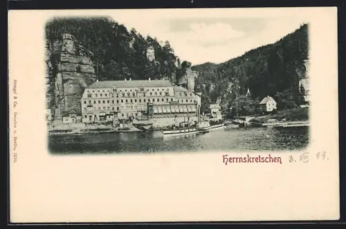 AK Herrnskretschen / Hrensko, Ausflugsdampfer am Ufer des Flusses