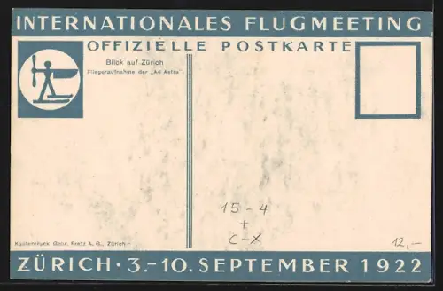 AK Zürich, Internationales Flugmeeting 1922, Teilansicht vom Flugzeug aus