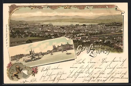Lithographie Zürich, Totalansicht aus der Vogelschau und Teilansicht am See