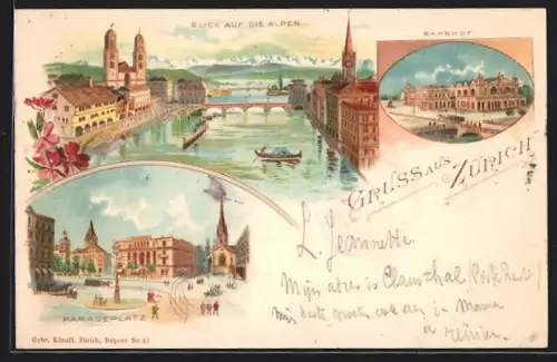 Lithographie Zürich, Blick auf die Alpen, Bahnhof und Paradeplatz