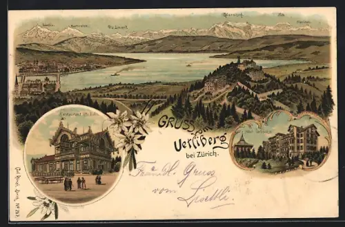 Lithographie Uetliberg / Zürich, Panorama mit Säntis, Kurfirsten u. Tödi, Restaurant Uto Kulm, Hotel Uetliberg