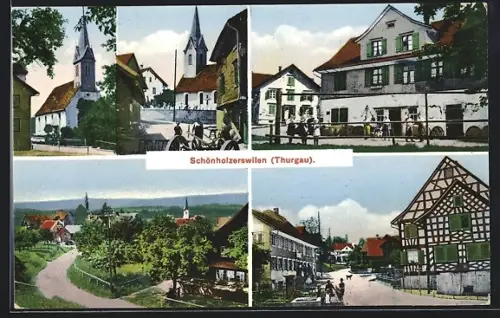 AK Schönholzerswilen /Thurgau, Kirche, Strassenpartie mit Fachwerkhaus, Ortspartie