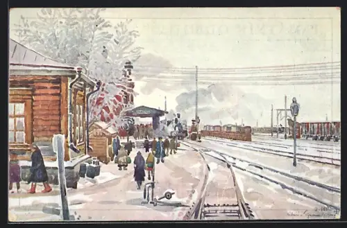 Künstler-AK Tjumen, Railway-Station, Bahnhof