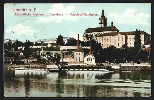 AK Leitmeritz / Litomerice, Bischöfliche Residenz u. Domkirche, Dampfschifflandeplatz