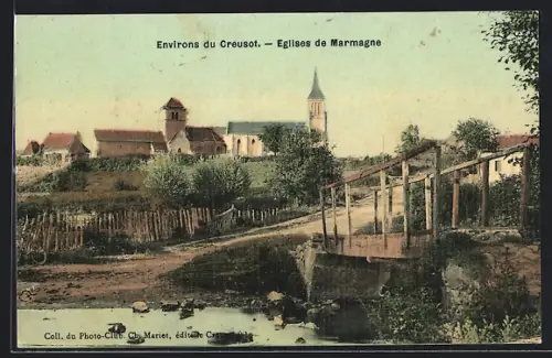 AK Marmagne, Églises et pont rustique en paysage rural
