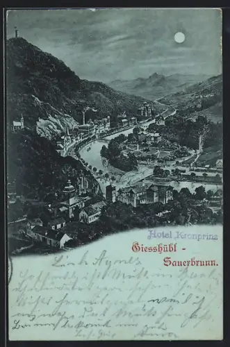 Mondschein-AK Giesshübl-Sauerbrunn, Ortsansicht mit Flusspartie