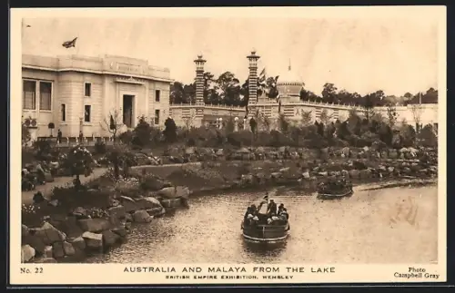 AK Wembley, British Empire Exhibition, Australia and Malaysia from the Lake, Ausstellung