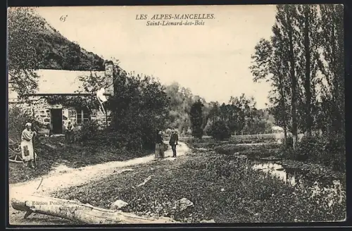 AK Saint-Leonard-des-Bois, Passanten vor einem Bauernhaus