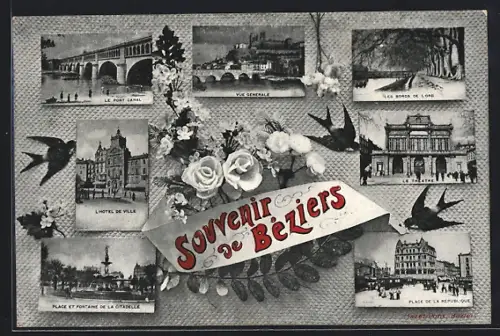 AK Béziers, Vue Générale, Le Théatre, Place de la République, L`Hotel de Ville, Le Pont Canal