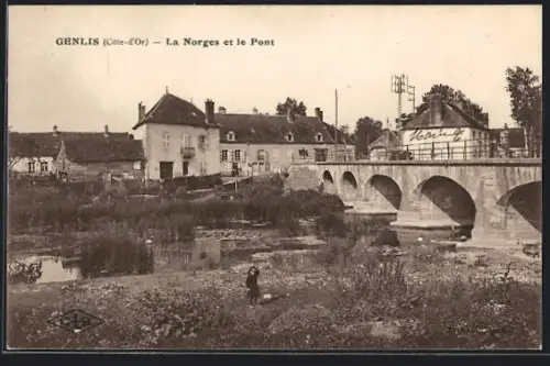 AK Genlis, La Norges et le Pont, Flusspartie mit Brunnen