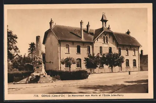 AK Genlis, Le Monument aux Morts et l`Ecole Jules-Ferry