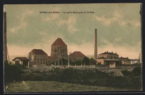 AK Epinac-les-Mines, Le puits Hottinguer et la Gare