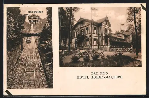 AK Bad Ems, Hotel Hohen-Malberg, Bes. C. Albert, Malbergbahn