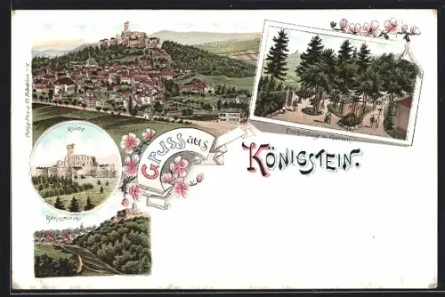 Lithographie Königstein i. T., Totalansicht mit Ruine, Parkanlagen und Garten