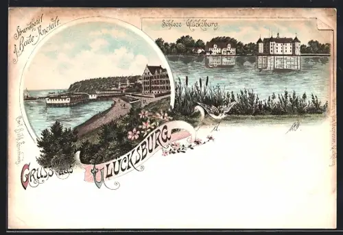Lithographie Glücksburg, Strandhotel und Bade-Anstalt, Schloss Glücksburg