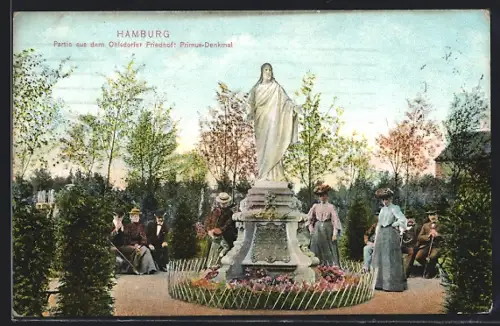 AK Hamburg-Ohlsdorf, Partie aus dem Friedhof mit Primus-Denkmal