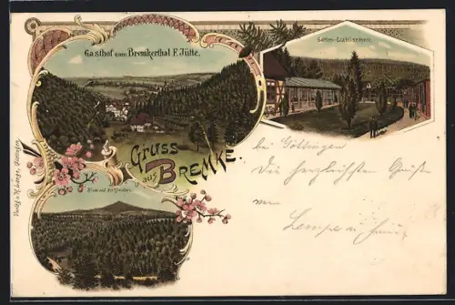Lithographie Bremke / Gleichen, Gasthof zum Bremkerthal F. Jütte, Gartengasthaus, Blick auf die Gleichen