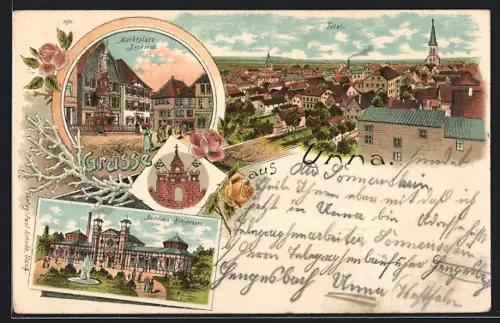 Lithographie Unna, Marktplatz, Denkmal, Badehaus-Königsborn