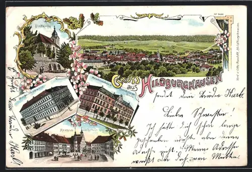 Lithographie Hildburghausen, Maschinenbau- und Elektrotechniker-Schule, Stadtkirche, Marktplatz mit Rathaus