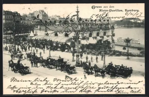 AK Hamburg-Neustadt, Alsterpavillon mit Pferdekutschen aus der Vogelschau