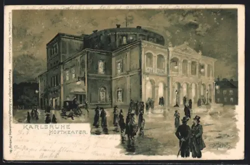 Künstler-AK Carl Münch: Karlsruhe, Leute im Regen vor dem Hoftheater