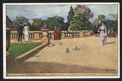 Künstler-AK sign. Göhler: Karlsruhe, Stadtgarten am Südeingang