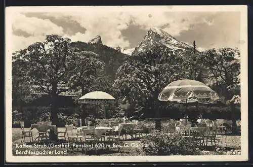 AK Berchtesgaden, Kaffee Strub, Gasthof, Bes. G. Görlitz, Gartenterrasse, Alpenpanorama