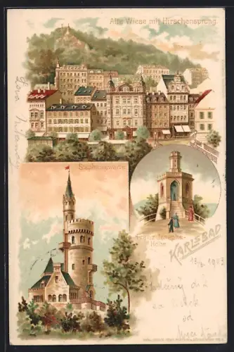 Lithographie Karlsbad, Alte Wiese mit Hirschensprung, Stephaniewarte, Franz Josephs-Höhe