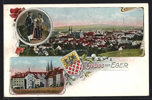AK Eger, Egerländer Tracht, Marktplatz, Gesamtansicht aus der Vogelschau