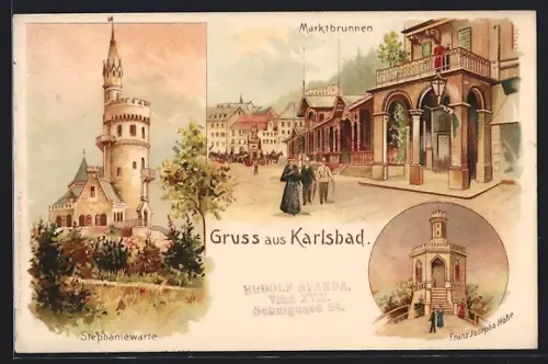 Lithographie Karlsbad, Stephaniewarte, Marktbrunnen, Franz-Josephs-Höhe