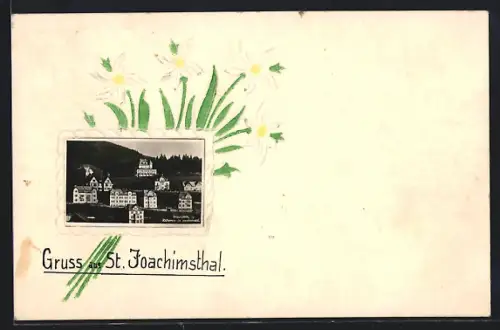 AK St. Joachimsthal, Ortspartie aus der Vogelschau