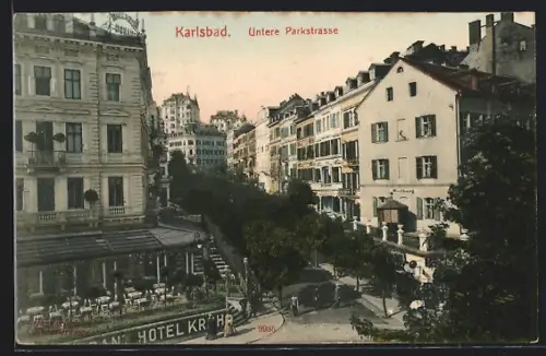 AK Karlsbad, Untere Parkstrasse mit Hotel Kroh