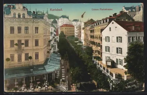 AK Karlsbad, Untere Parkstrasse mit Hotel Kroh