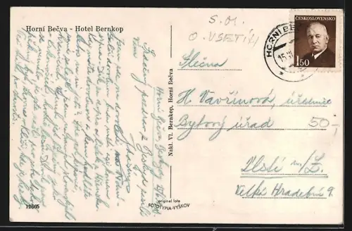 AK Horni Becva, Hotel Bernkop mit Umgebung aus der Vogelschau