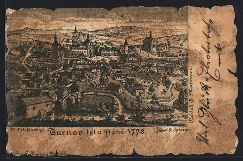 Lithographie Turnov, Panorama mit Kirche