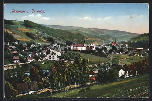 AK Jablonec n Jizerou, Panorama mit Kirche