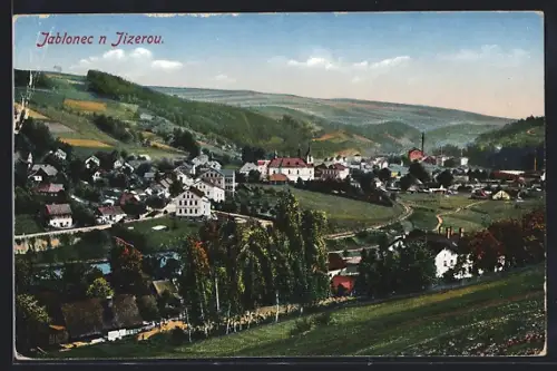 AK Jablonec na Jizerou, Panorama mit Kirche