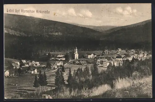 AK Letní byt Harachov Krkonose, Panorama mit Kirche