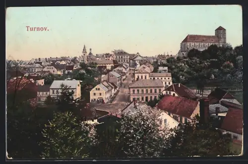 AK Turnov, Strassenpartie mit Kirche