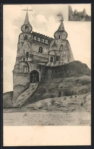Künstler-AK Trosky, Kresba tato vyhotovena predstavuje památný hrad Trosky