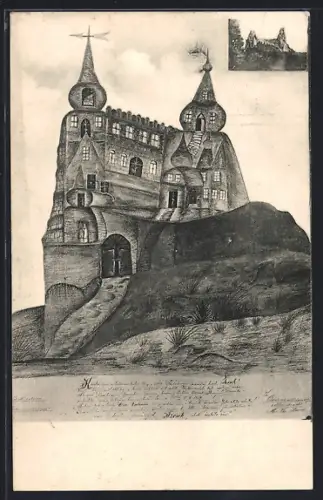 Künstler-AK Trosky, Kresba tato vyhotovena predstavuje památný hrad Trosky