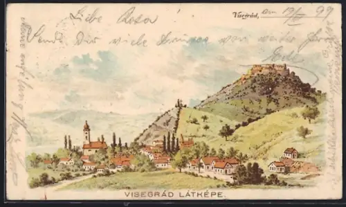 Lithographie Visegrád, Gesamtansicht mit Burg