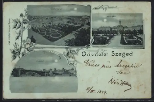 Mondschein-AK Szeged, Széchenyi-tér, Város háza, Közuti hid