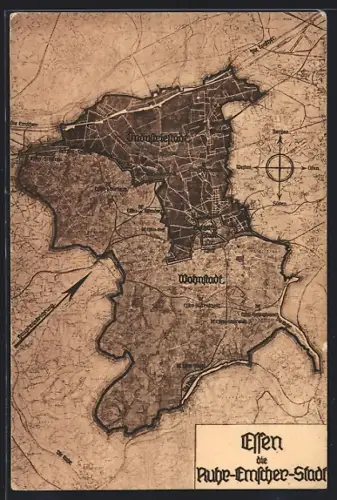 AK Essen, Stadtplan mit Industriestadt und Wohnstadt