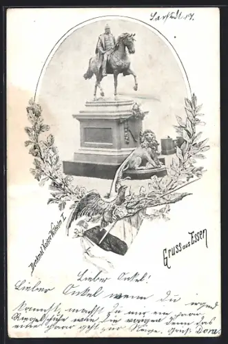 AK Essen, Kaiser-Wilhelm-Denkmal, Löwenskulptur