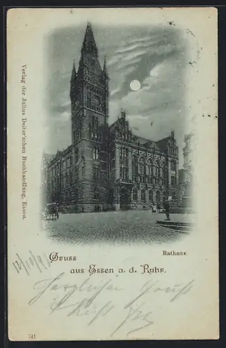 Mondschein-AK Essen a. d. Ruhr, Rathaus bei Nacht
