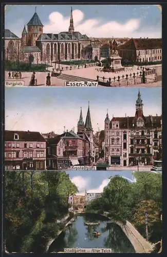 AK Essen-Ruhr, Burgplatz, Kopstadtplatz, Stadtgarten, Alter Teich