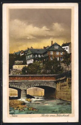 AK Idar, Partie am Idarbach, Brücke, Wohnhäuser