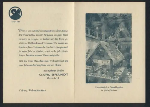 Klapp-AK Coburg, Carl Brandt GmbH, Geschäftshaus Spitalgasse 19, vorweihnachtliche Innendekoration